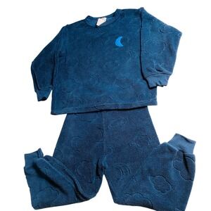 Vintage Carters Kids Blue Fleece Cloud Moon Pajama Set 2PC Celestial Sleepwear